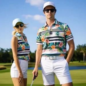 Custom Floral Stripe Golf Polo Shirt Men’s & Women’s Matching Golf Apparel Set Premium Performance Golf Wear with Logo