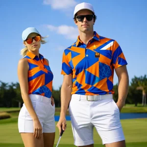 Custom Geometric Print Golf Polo Shirt Men’s & Women’s Matching Golf Apparel Set Bright Color Performance Golf Wear with Logo