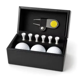Custom Golf Ball Box Set PU Leather Black Golf Gift Box with Wooden Tees Green Forks