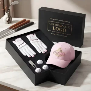 Custom Golf Gift Set Including Golf Balls Two Pairs of Sheepskin Gloves a Golf Cap and a Custom Logo