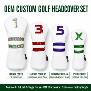 Custom Golf Head Covers White PU Leather Number 1 3 5 X Driver Fairway Hybrid Holographic Stripe OEM Golf Accessories