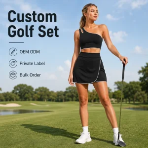 Custom Golf Set Women Black One Shoulder Crop Top with Skirt Asymmetric Breathable Quick Dry Tennis Ladies Sportswear Golf Set