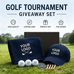 Custom Golf Tournament Giveaway Gift Set with Golf Towel Cap Golf Ball Marker Tees for Club Events Corporate Golf Day Promotion