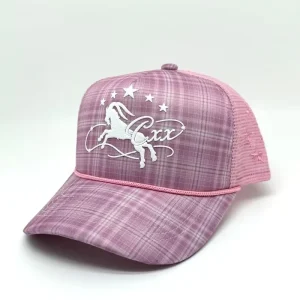 Custom Horse Star Print Plaid Luxury 5-Panel Polyester Cotton Trucker Hat Full Mesh Front Unisex Western Cowgirl Snapback