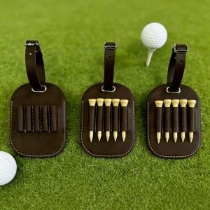 Custom Laserable Engraved Leatherette Golf Tee Holder Oval Shape PU Leather Golf Tee Bag Tag