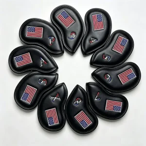 Custom Logo 10PCS USA Flag Embroidery Golf Iron Headcovers Set PU Leather Numbered Iron Club Head Covers