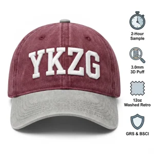 Custom Logo 12oz Heavy Washed Cotton 3D Puff Embroidery Baseball Cap Two Tone Vintage Retro Dad Hat Factory