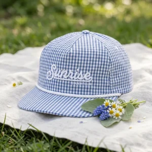 Custom Logo 5 Panel Rope Unstructured Hat Gingham Checkered Snapback Baseball Cap 3D Puff Embroidery Country Club
