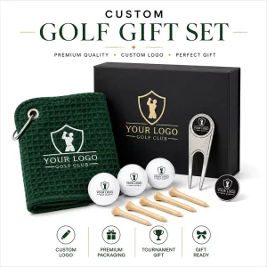Custom Logo Corporate Tournament Giveaway with Golf Balls Wooden Tees Towel Ball Marker Divot Tool Magnetic Box Golf Gift Set