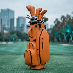 Custom Logo Embroidered Front Pocket Brown Waterproof PU Leather Golf Stand Bag with 14-Way Divider