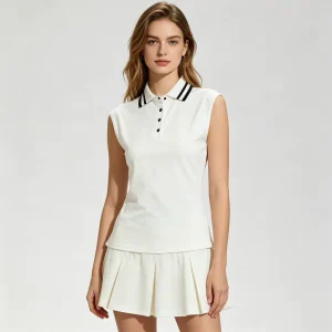 Custom Logo Fitness Apparel Summer Breathable Women Slim Fit Sleeveless Golf Polo Shirt Contrast Collar Tennis Top