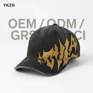 Custom Logo Gold Print Distressed Baseball Cap Cyberpunk Style Ripped Dad Hat Black Washed Destroyed Sport Hat