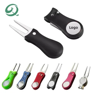 Custom Logo Golf Putting Green Pitch Fork Switchblade Foldable Golf Divot Repair Tool With Ball Marker