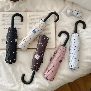 Custom Logo Inverted Three Fold Umbrella Polka Dot Compact Folding J Hook Waterproof Travel Rain for Women Lady
