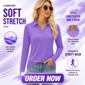 Custom Logo Polyester Spandex Long Sleeve UPF 50 Sun Protection V Neck Quick Dry Breathable Women’s Golf Polo Shirts