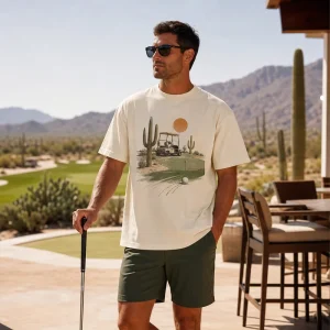 Custom Men Desert Golf T Shirt Heavyweight Cotton Graphic Tee OEM ODM Crew Neck