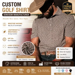 Custom Men’s Casual Sublimation Printed Pearl Snap Button Western Polo Shirts Floral Print 4 Way Stretch Exercise Golf Shirts