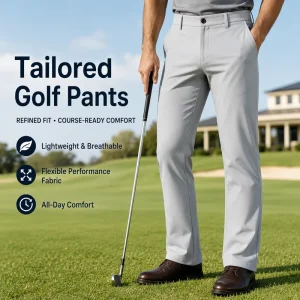 Custom Men’s Silver Gray Tailored Golf Pants Lightweight Breathable Flexible Straight Fit Trousers for Clubhouse Wear