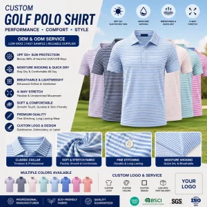 Custom Men’s Striped Golf Polo Shirt Short Sleeve Moisture Wicking Lightweight Performance Polo OEM ODM Manufacturer