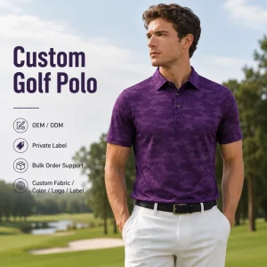 Custom OEM Golf Polo Gentlemen Purple Camo Jacquard Moisture Wicking Performance Knit Tournament Custom Branding Golf Polo