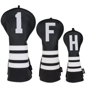 Custom PU Leather Golf Headcover Driver Fairway Wood Hybrid Cover Black White Stripe Golf Club Cover Set OEM ODM Golf Head Cover