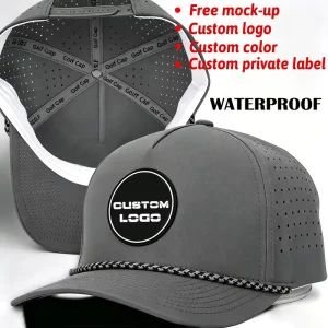 Custom PVC Patch Logo 5 Panel Waterproof Polyester Sport Golf Hat Laser Cut Perforated Dad Gorras Rope Baseball Hat