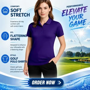 Custom Printed Logo Women’s 100% Polyester UV Protection Button Up Short Sleeve Polo Neck Golf Shirt