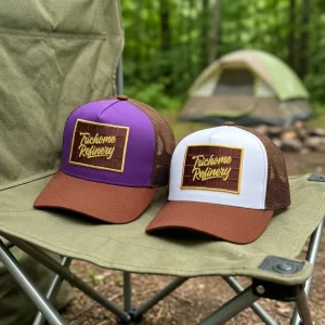 Custom Rectangle Woven Patch Cursive Logo Two Tone Cotton Mesh Mid Crown Trucker Adjustable Snapback Cap