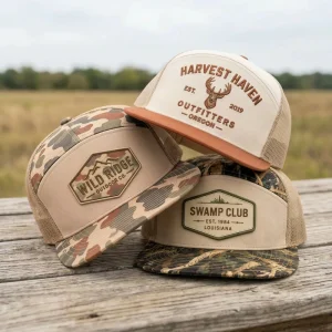 Custom Rubber Patch Logo 7 Panel Camo Trucker Mesh Hat Outdoor Hunting Flat Bill Snapback Baseball Cap OEM ODM BSCI Manufacturer