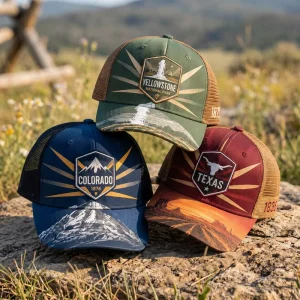 Custom Sublimation Print Logo 6 Panel Trucker Hat Outdoor Camping Hiking Vintage Western Mountain Curved Bill Baseball Mesh Cap