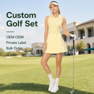 Custom Two Piece Set Womens Pale Yellow Sleeveless Zip up Polo Shirt with Skirt Breathable Quick Dry Sportswear Golf Set