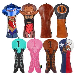 Custom Western Cowboy Style Brown Golf Head Cover with Embroidery Clover PU Leather Golf Club Headcovers