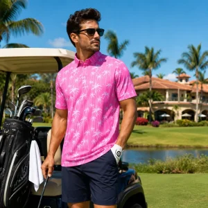 Custom Young Vacation Golfwear Tropical Resort Luxury Printed Golf Polo Shirt Lightweight Performance Breathable Stretch Polo