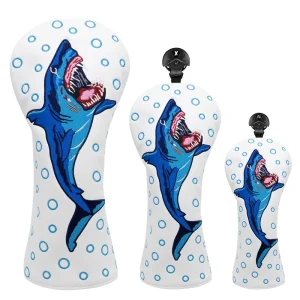Customize Shark Golf Head Covers 3pcs set OEM Synthetic Leather Driver Fairway Wood Hybrid Cover with Number Tag