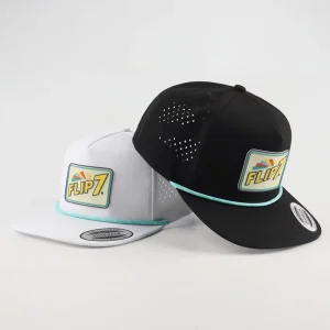 Customized 5 Panel Flat Brim Laser Cut Perforated Hat Rope Golf Hat Snapback Waterproof Custom logo Rubber Patch