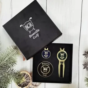 Customized Metal Golf Ball Marker Hat Clip Divot Tool Set with Full Color Custom Logo and Custom Packaging