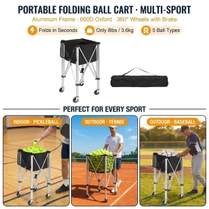 Direct Factory Sales Folding Aluminum Alloy Tennis Cart Trolley Mobile Portable Lightweight Coach Cart 160 Ball Capacity 360