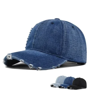 Distressed Denim Baseball Cap Vintage Washed Ripped Dad Hat Adjustable Curved Brim Sun Visor for Men Women Streetwear Casual
