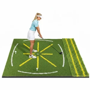 Dual Turf Cross Shape Golf Hitting Mat with Stance & Swing Path Line 10mm High Elastic EVA Base Indoor Outdoor Golf Training Aid