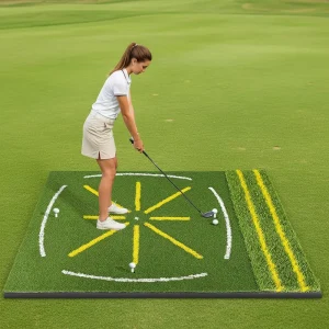 Dual Turf M Shape Golf Hitting Mat with Stance & Swing Path Line 10mm High Elastic EVA Base Indoor Outdoor Golf Training Aid