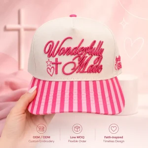 Dymf 3D Embroidery Pink Striped Brim Baseball Cap Cotton Structured Jesus Christian Faith Church 5 Panels Hat