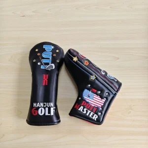 Embroidery Dollar Sign PU Leather Purple Gold Golf Club Headcover Set for Driver Fairway Hybrid Blade Mallet Putter