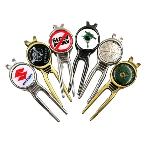 Factory Custom Logo Golf Divot Repair Tool Zinc Alloy Golf Pitch Fork with Magnetic Ball Marker for Golf Accessories