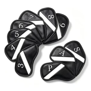 Factory Directly Sale Novelty Custom Embroidered Magnetic Black Golf Iron Head Covers OEM Embroidery Leather Club Headcover