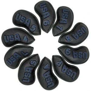 Factory Novelty Custom Embroidered Magnetic Black Golf Iron Putter Wood Head Cover OEM Embroidery Pu Leather Club Headcover