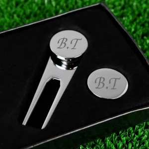 Factory OEM Custom Engraved Golf Divot Tool Set Zinc Alloy Mirror Silver Plating Personalized Monogram Ball Marker Gift Box