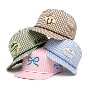 Fashion Y2k Checkered Stripe Unstructured 5 Panel Rope Hats Custom Embroidered Logo Baseball Snapback Caps BSCI Manufacturer