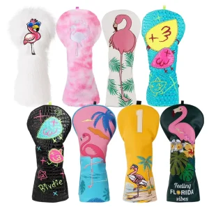 Flamingo Series Driver Golf Head Covers Embroidery Golf Accessories PU Leather Custom Golf Headcover Leather Flower