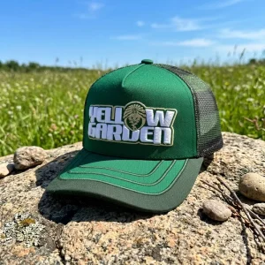 Forest Green Two-Tone Cotton Mesh Mid Crown Trucker Hat Custom White Gold Outline 3D Block Letter Floral Embroidery Cap