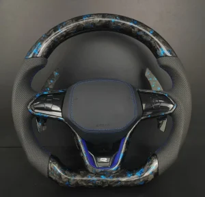 Forged Carbon Fiber Steering Wheel for VW Golf Blue Accents Perforated Leather Sporty Aluminum Paddle Shifters